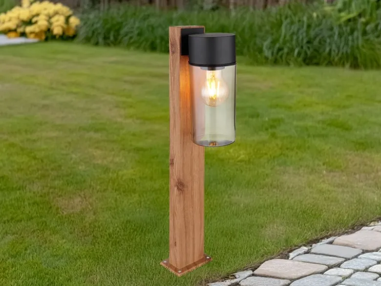 Wegeleuchte ETSI aus Edelstahl in Holzoptik mit rauchfarbigem Glas, Höhe 50cm