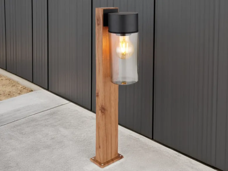 Wegeleuchte ETSI aus Edelstahl in Holzoptik mit rauchfarbigem Glas, Höhe 50cm