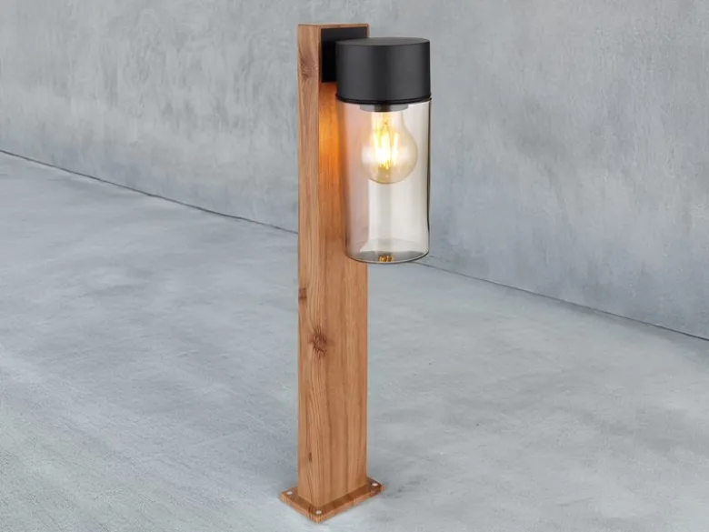 Wegeleuchte ETSI aus Edelstahl in Holzoptik mit rauchfarbigem Glas, Höhe 50cm