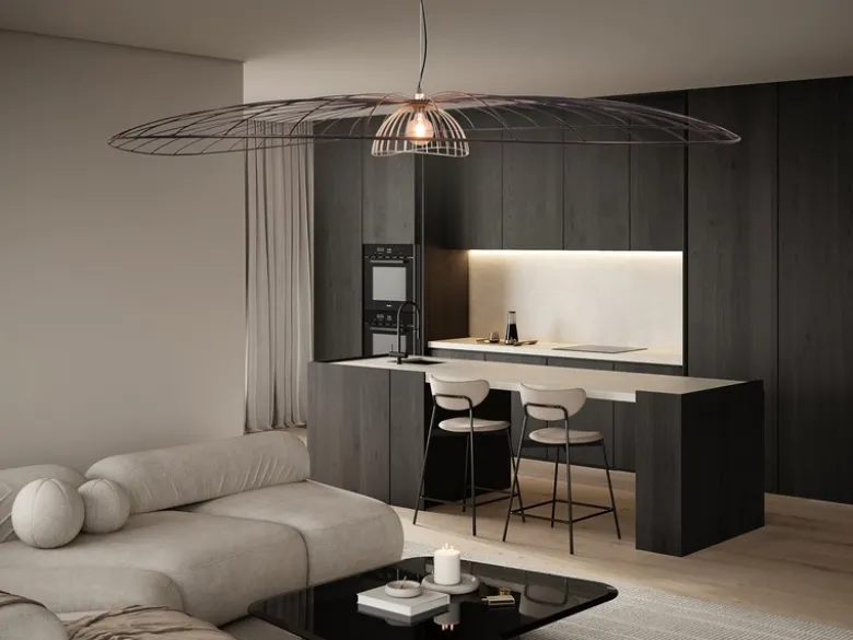 XXL LED Pendelleuchte mit Gitter Lampenschirm Schwarz Gold, Ø 200cm
